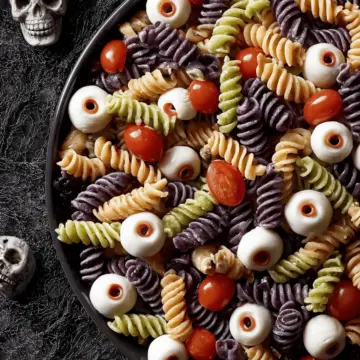Halloween Pasta Salad with Mozzarella Eyeballs