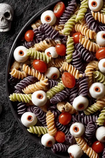 Halloween Pasta Salad with Mozzarella Eyeballs