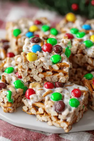 Marshmallow Pretzel Treats with M&Ms (No Bake!)