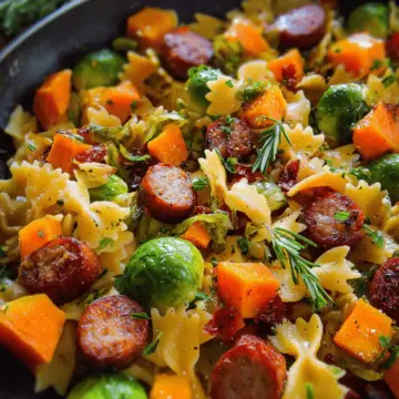Autumn Dinner with Sausage, Pasta, Brussels Sprouts and Butternut Squash