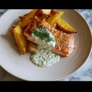 Dill salmon with potato wedges and a creamy pickle and dill sauce