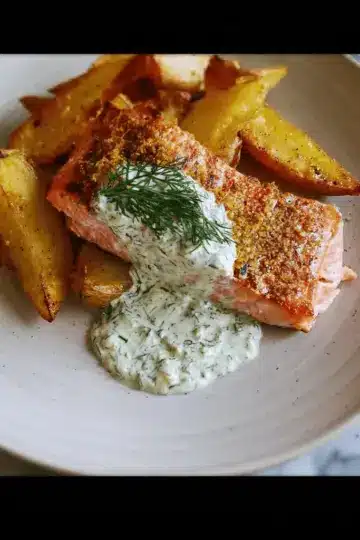 Dill salmon with potato wedges and a creamy pickle and dill sauce