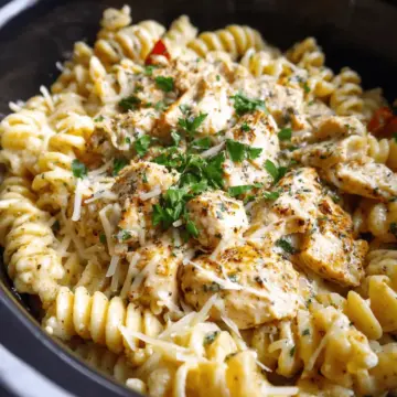 Crockpot Parmesan Garlic Chicken Pasta