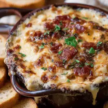 Hot Caramelized Onion Dip with Bacon and Gruyere