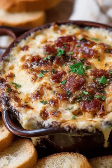 Hot Caramelized Onion Dip with Bacon and Gruyere