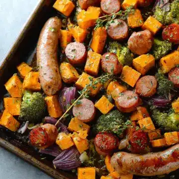 Sheet Pan Sausage and Sweet Potatoes with Honey Garlic Sauce