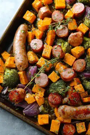 Sheet Pan Sausage and Sweet Potatoes with Honey Garlic Sauce