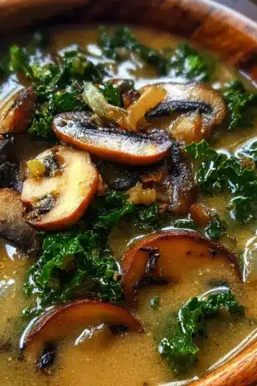 Wild Mushroom, Caramelized Onion and Kale Soup