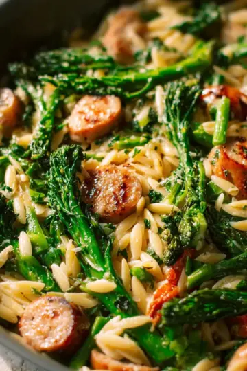 Broccolini, Chicken Sausage, and Orzo Skillet
