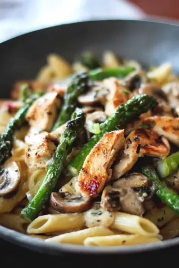 Garlic Chicken Mushroom and Asparagus Penne