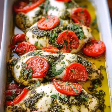 Basil Pesto Tomato Mozzarella Chicken Bake