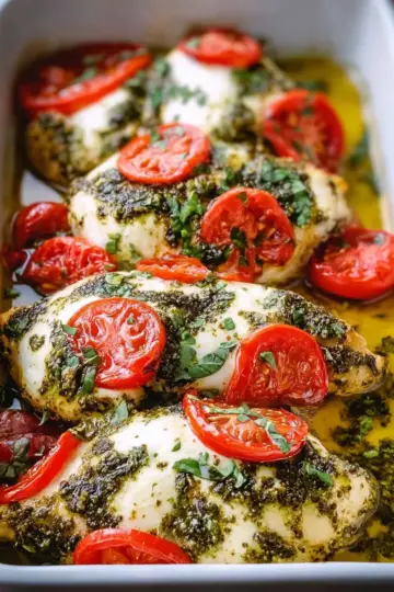 Basil Pesto Tomato Mozzarella Chicken Bake