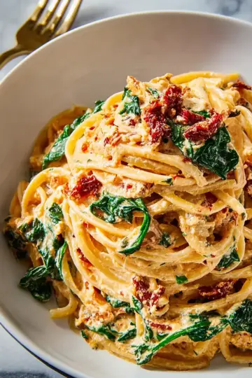 Spaghetti & Spinach with Sun-Dried Tomato Cream Sauce